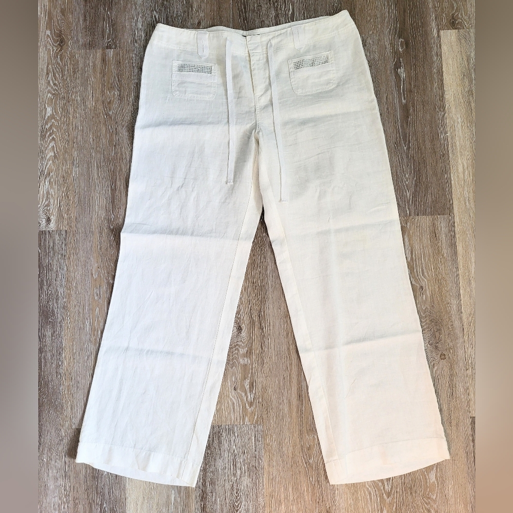 INC International Size 16 White Linen Pants Wide Leg Rhinestone Pocket details